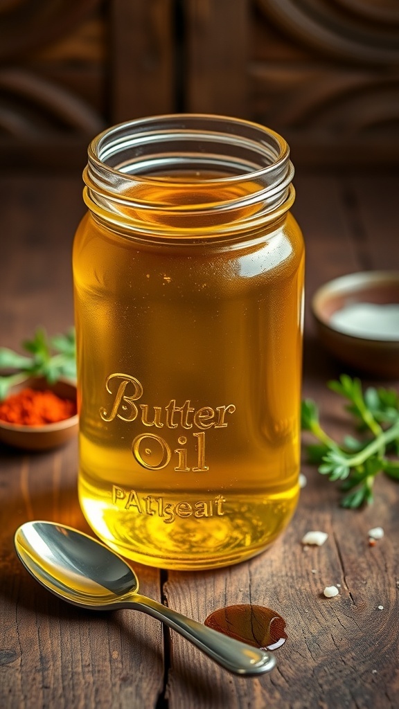 Butter Oil: A Versatile Cooking Fat A jar of clarified butter oil with a spoon, surrounded by herbs and spices on a wooden table.